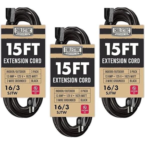 3 Pack Weatherproof Black Extension Cord 15 ft, 16/3 SJTW 15 Foot Outdoor - Picture 7 of 7